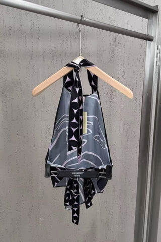 Abstract Swirl Print Satin Halter Top & High-Waisted Mini Skirt Set