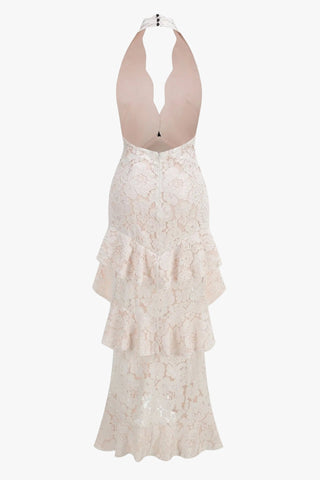 Floral Lace Halter Long Dress with Tiered Ruffles & Bow Detail