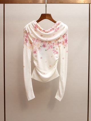 Floral Print Draped Neck Knit Long Sleeve Ruched Fitted Top