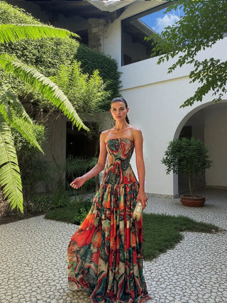 Abstract Print Smocked Drop-Waist Long Dress