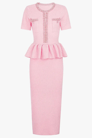 Pearl Embellished Tweed Peplum Midi Dress with Short Sleeves
