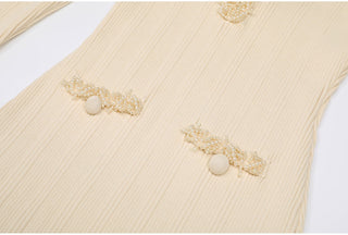 Ribbed Knit Long Dress with Pearl Trim Details & Long Sleeves