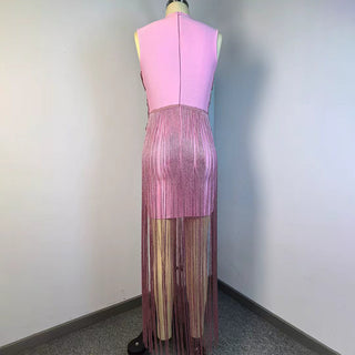 Metallic Fringe High Neck Sleeveless Long Dress