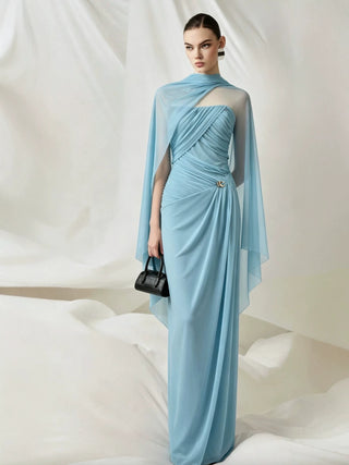 Soft Mesh Draped Strapless Long Dress with Sheer Scarf