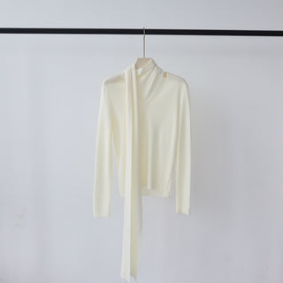 Long Sleeve Knit Top with Attached Scarf Detail and Regular Length
