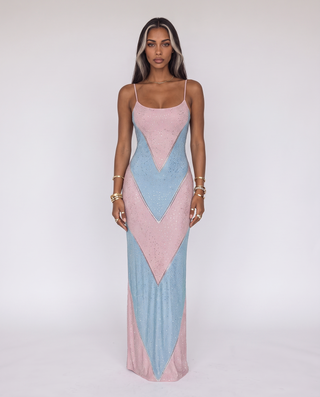 Rhinestone Embellished Colorblock Long Dress with Thin Straps