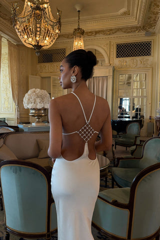 Satin Halter Long Dress with Crystal Open Back Detail
