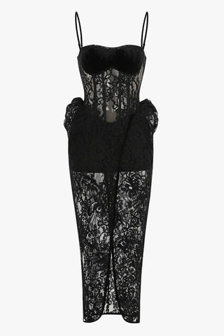 Sheer Lace Corset Maxi Dress with Floral Hip Details