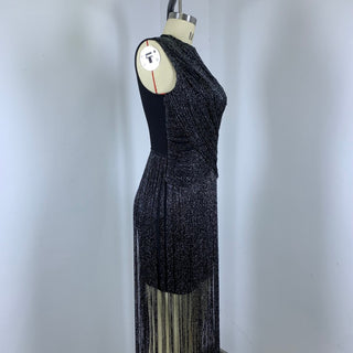 Metallic Fringe High Neck Sleeveless Long Dress