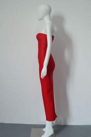Strapless Bandage Midi Dress with Sculpted Sweetheart Neckline and Bodycon Fit