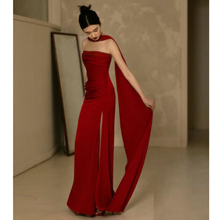 Ruched Strapless Long Dress with Detachable Scarf