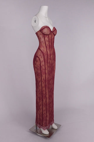 Sheer Lace Corset Strapless Long Dress with Lace-Up Back