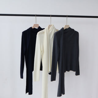 Long Sleeve Knit Top with Attached Scarf Detail and Regular Length