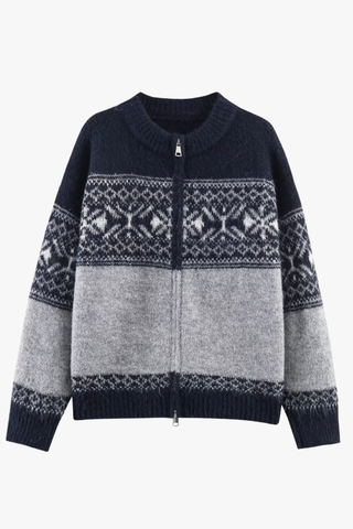 Cozy Nordic Knit Zip Cardigan – Soft Wool Blend, Warm Winter Sweater, Long Sleeve, Comfortable Fit