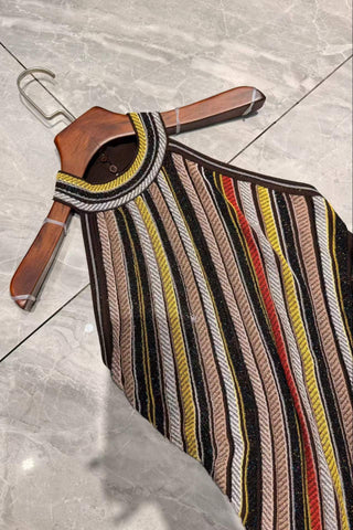 Halter Neck Open-Back Striped Knit Long Evening Dress