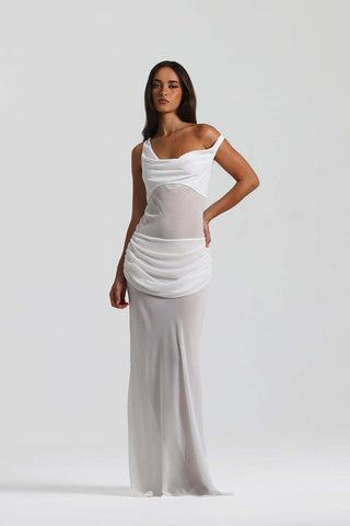 Draped Asymmetric Mesh Long Dress