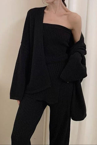 Comfy Ribbed Knit Three-Piece Cardigan, Top & Wide-Leg Pants Set