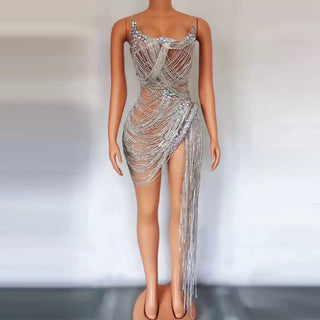 Crystal Chain Fringe Mini Dress with Spaghetti Straps