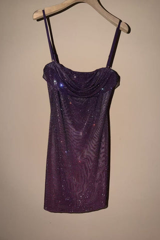 Crystal Embellished Cowl Neck Spaghetti Strap Mini Dress