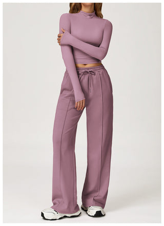 Seamless Mock-Neck Long Sleeve Crop Top & Straight-Leg Jogger Set