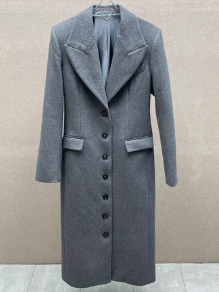 Tailored Button-Front Long Coat – Structured Waist Wool-Blend Style