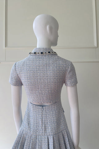 Structured Tweed Mini Dress – Short Sleeve, Pleated Skirt & Jewel Button Detail