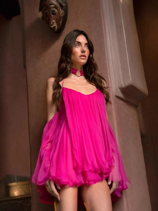 Pleated Halter Mini Dress with Sheer Draped Sleeves