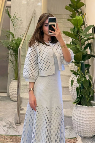 Embellished Open-Knit Cropped Cardigan with Elbow-Length Balloon Sleeves