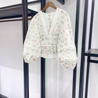 Floral Lace Trim Balloon Sleeve Blouse