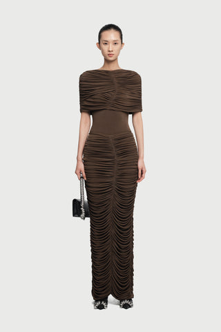 Velvet Ruched Cape Shoulder Short Sleeve Long Dress