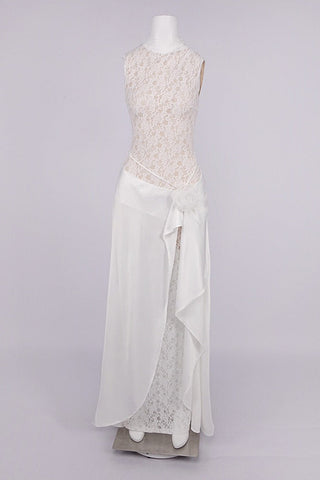 Sleeveless High Neck Lace & Draped Satin Rosette Long Dress