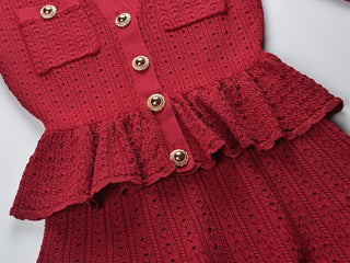 Long Sleeve Knit Peplum Mini Dress with Button Front Detail