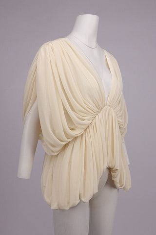 Draped Chiffon V-Neck Asymmetric Top with Batwing Sleeves