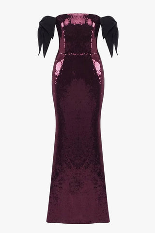 Sequin Bow Off-Shoulder Long Dress – Fitted Evening Gown