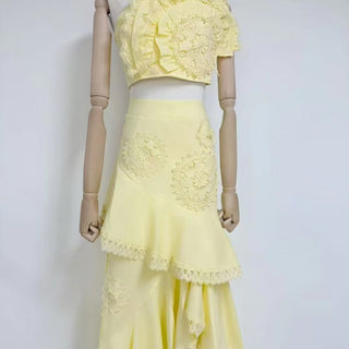 Strapless Lace Appliqué Crop Top & Tiered Asymmetric Long Skirt Set