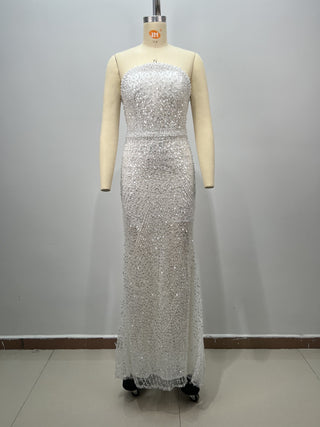 Pearl & Sequin Embellished Strapless Corset Long Dress