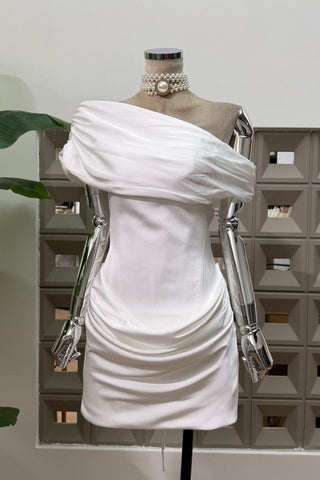 Satin Draped Off-Shoulder Sleeveless Mini Dress with Lace-Up Back