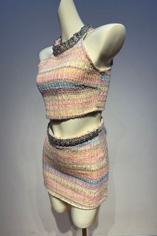 Sleeveless Textured Tweed Top & Mini Skirt Set – Embellished High Neck, Structured Fit, Feminine Statement Look