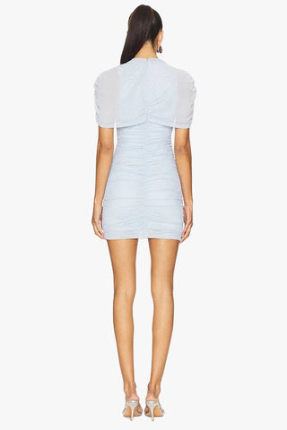 Ruched Mini Bodycon Dress with High Neck, Short Sleeves & Draped Overlay
