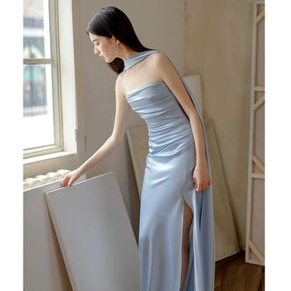 Ruched Strapless Long Dress with Detachable Scarf