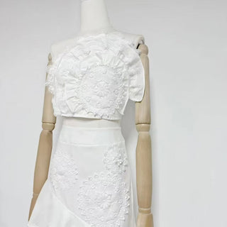 Strapless Lace Appliqué Crop Top & Tiered Asymmetric Long Skirt Set