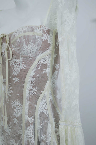 Romantic Lace Corset Midi Dress with Sheer Long Bell Sleeves