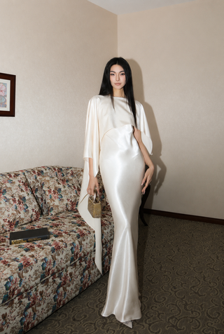 Satin Cape Sleeve Open Back Long Dress