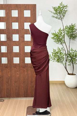 One Shoulder Ruched Long Dress with Draped Detail – Elegant Evening Fit