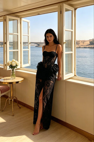 Sheer Lace Corset Maxi Dress with Floral Hip Details