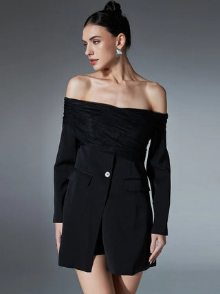 Off-Shoulder Tulle Draped Blazer Dress