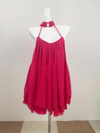 Pleated Halter Mini Dress with Sheer Draped Sleeves