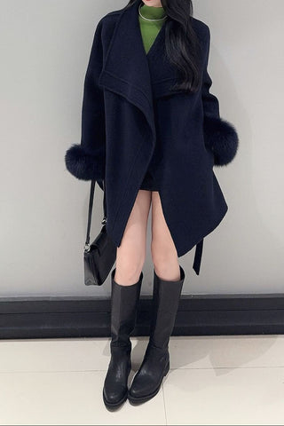 Wrap Belted Wool-Blend Jacket with Fur Cuffs