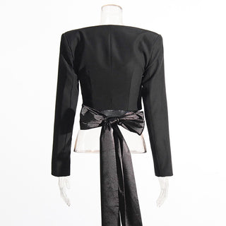 Satin-Waist Wrapped Blazer with 3D Rose Detail Midi Skirt