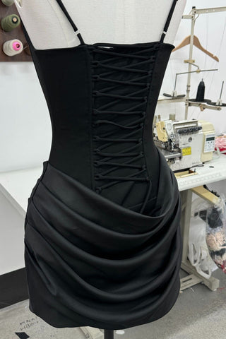 Draped Corset Mini Dress – Square Neck Satin Ruched Bodycon Dress